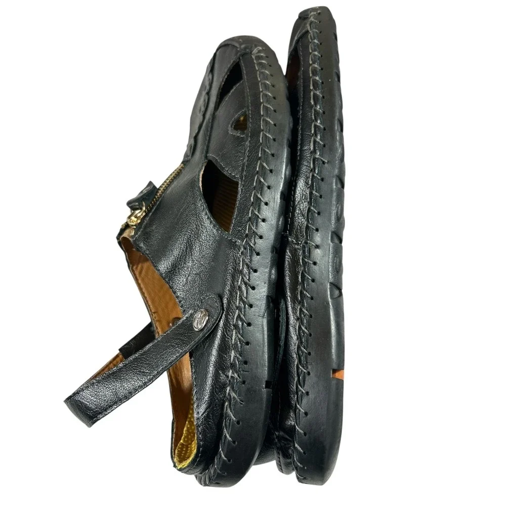 Men's Black Leather‎ Fisherman Sandals with Zipper Closure, Breathable